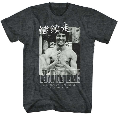 Black heather Bruce Lee t-shirt featuring Bruce Lee Brucelines martial arts design