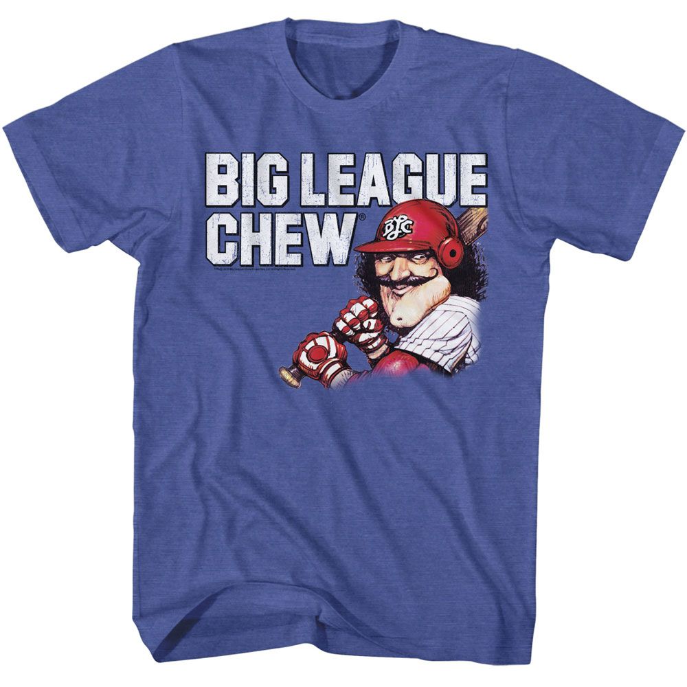 Royal blue heather Big League Chew t-shirt featuring Big League Chew Vintage Moustache pitcher design