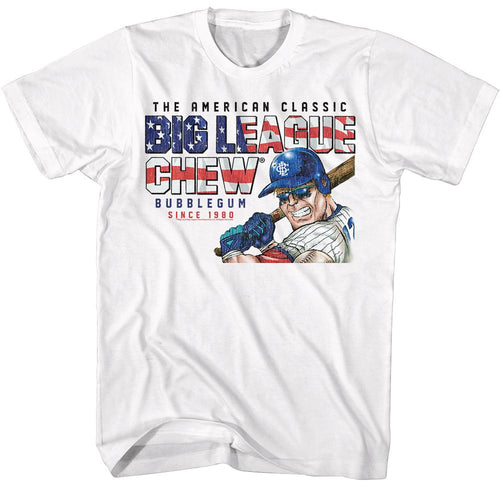 White Big League Chew t-shirt featuring Big League Chew America Text patriotic design