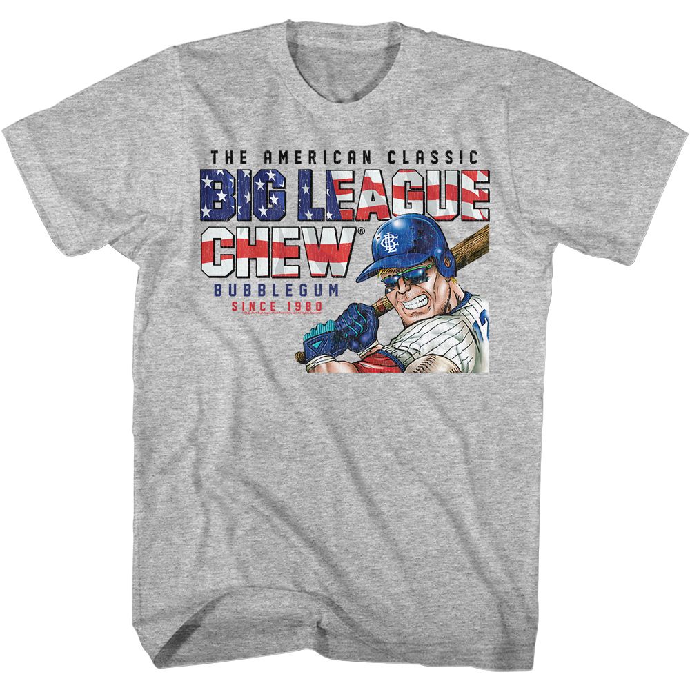 Gray heather Big League Chew t-shirt featuring Big League Chew America Text patriotic design