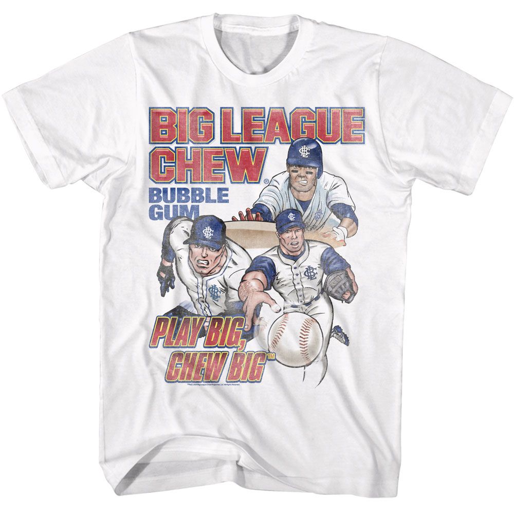 White Big League Chew t-shirt featuring Big League Chew Play Big slogan design