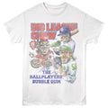 White Big League Chew t-shirt featuring Big League Chew Batter Catcher Pitcher trio design