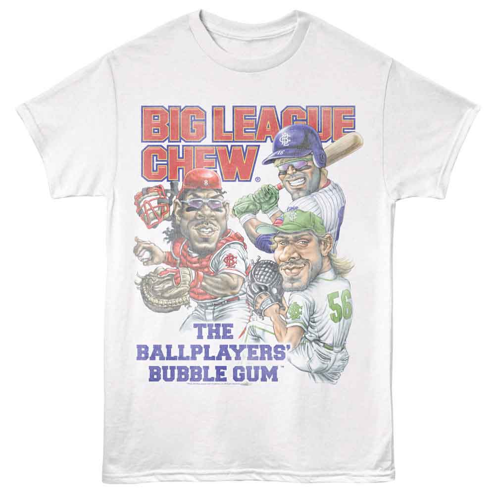 White Big League Chew t-shirt featuring Big League Chew Batter Catcher Pitcher trio design