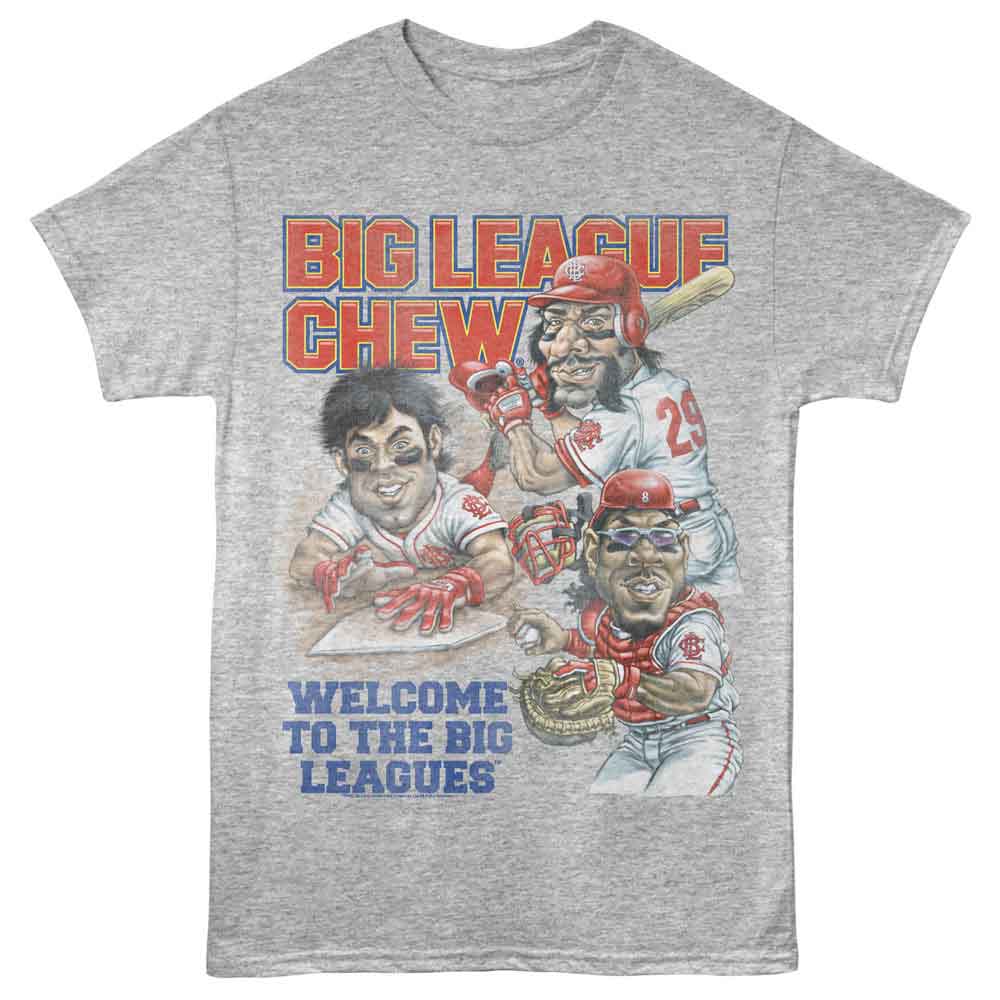 Gray heather Big League Chew t-shirt featuring Big League Chew Welcome To The Big Leagues complete design