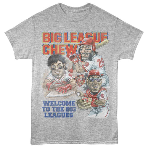 Gray heather Big League Chew t-shirt featuring Big League Chew Welcome To The Big Leagues complete design