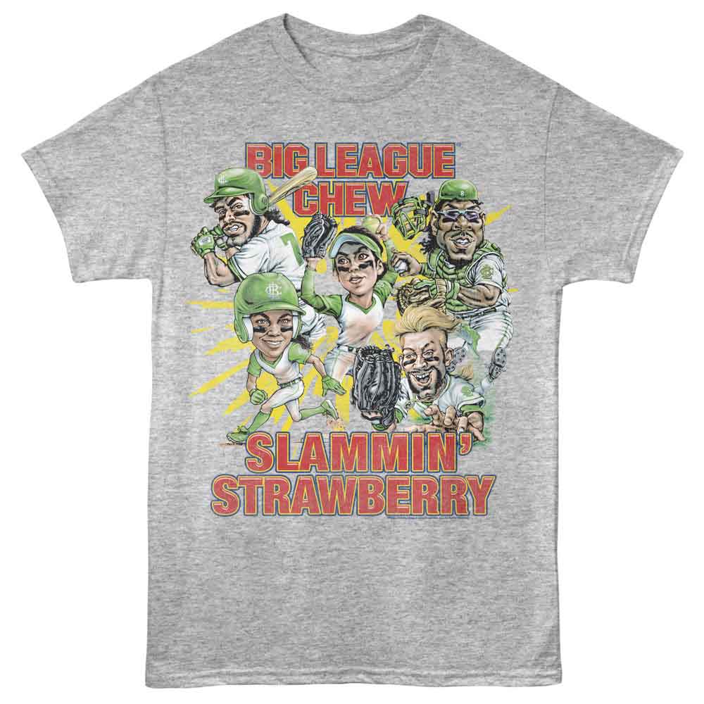 Gray heather Big League Chew t-shirt featuring Big League Chew Slammin Strawberry Group design