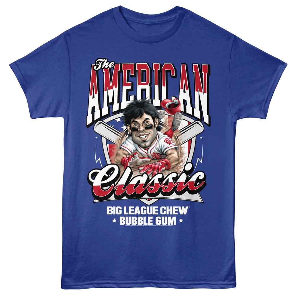 Royal blue Big League Chew t-shirt featuring Big League Chew American Classic patriotic design