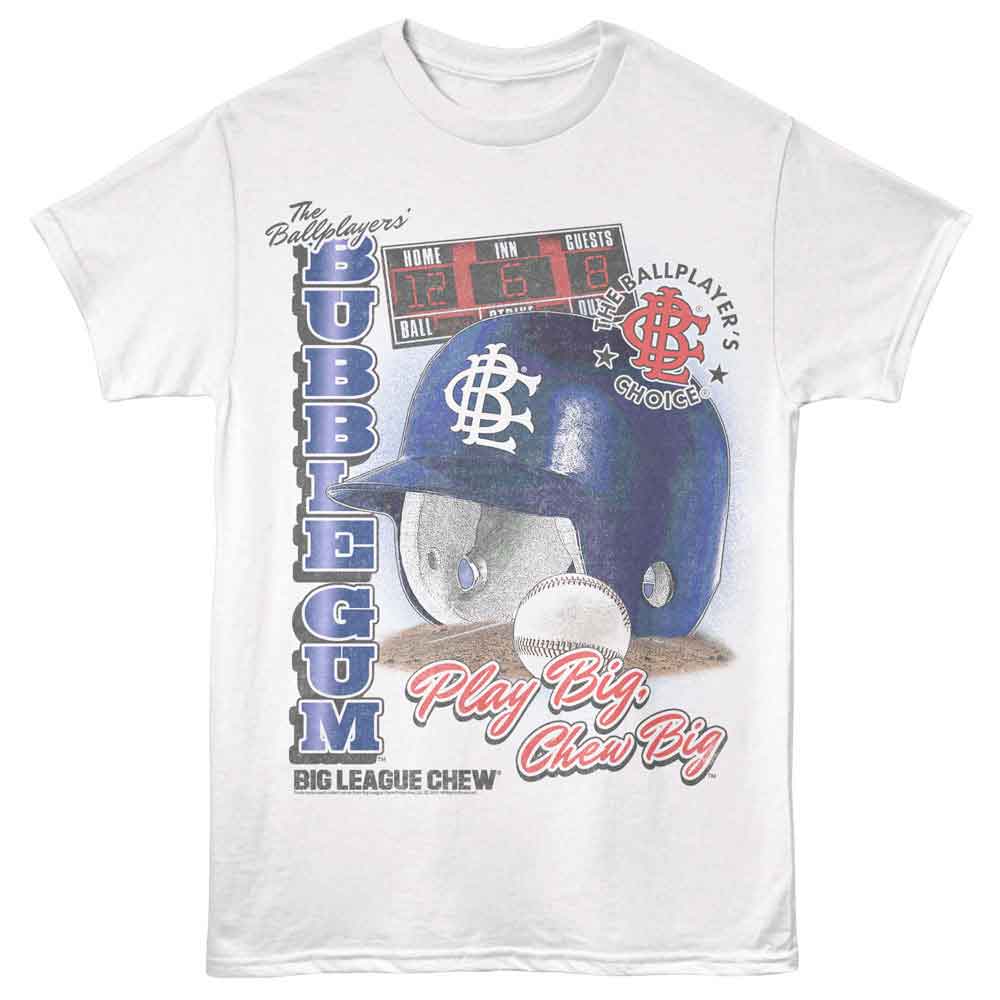 White Big League Chew t-shirt featuring Big League Chew Helmet And Scoreboard design