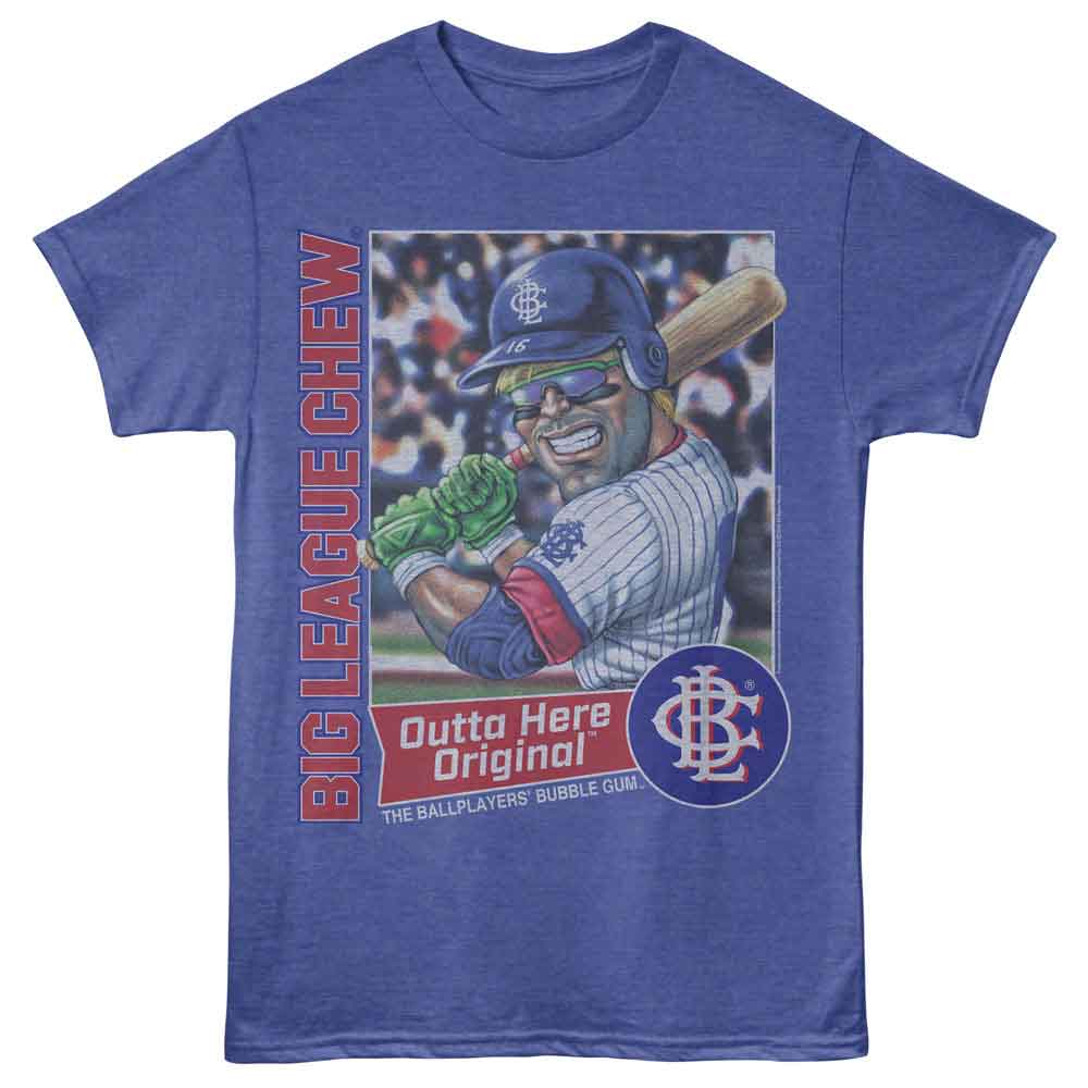 Royal blue heather Big League Chew t-shirt featuring Big League Chew Outta Here Slugger home run design