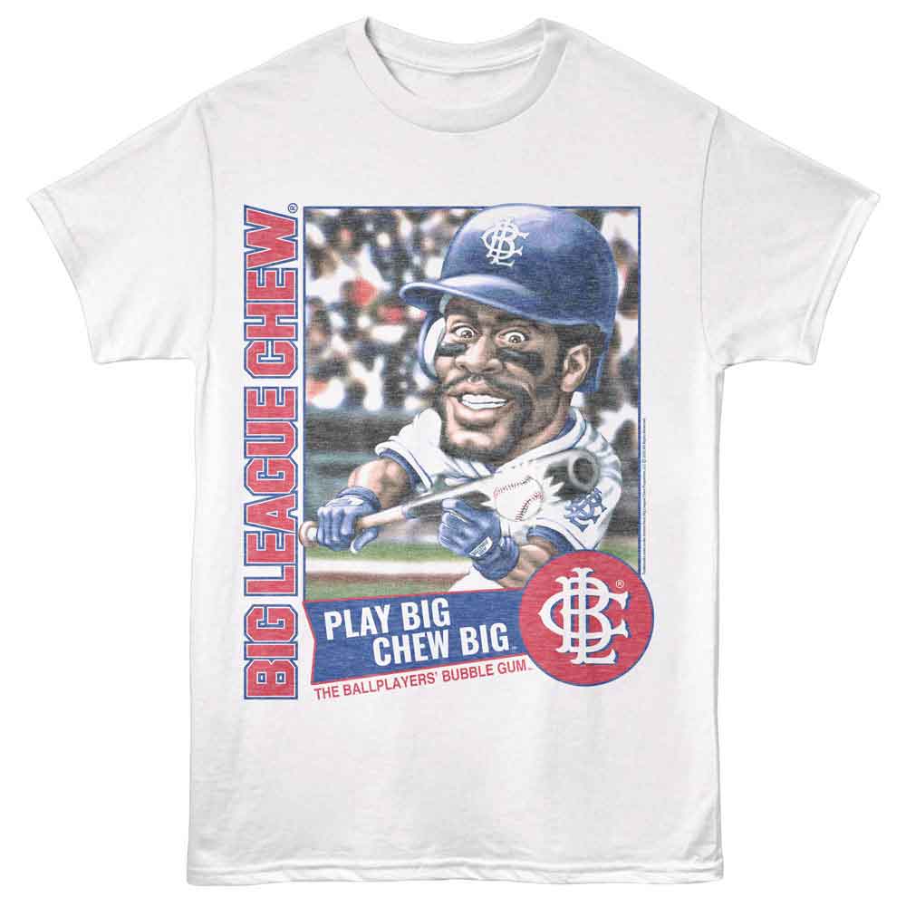 White Big League Chew t-shirt featuring Big League Chew Play Big Bunter baseball design