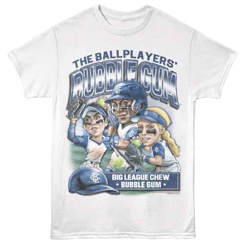 White Big League Chew t-shirt featuring Big League Chew Softball Team design