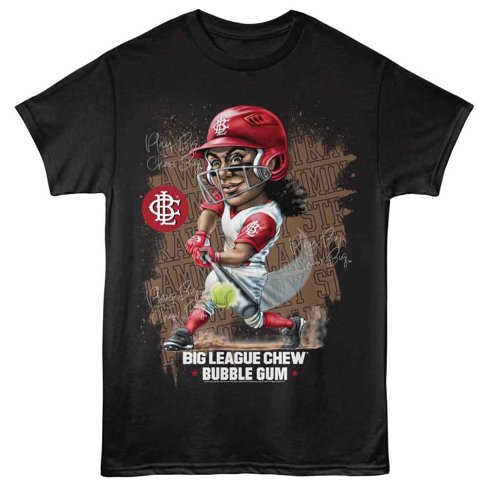 Black Big League Chew t-shirt featuring Big League Chew Strawberry Softball design