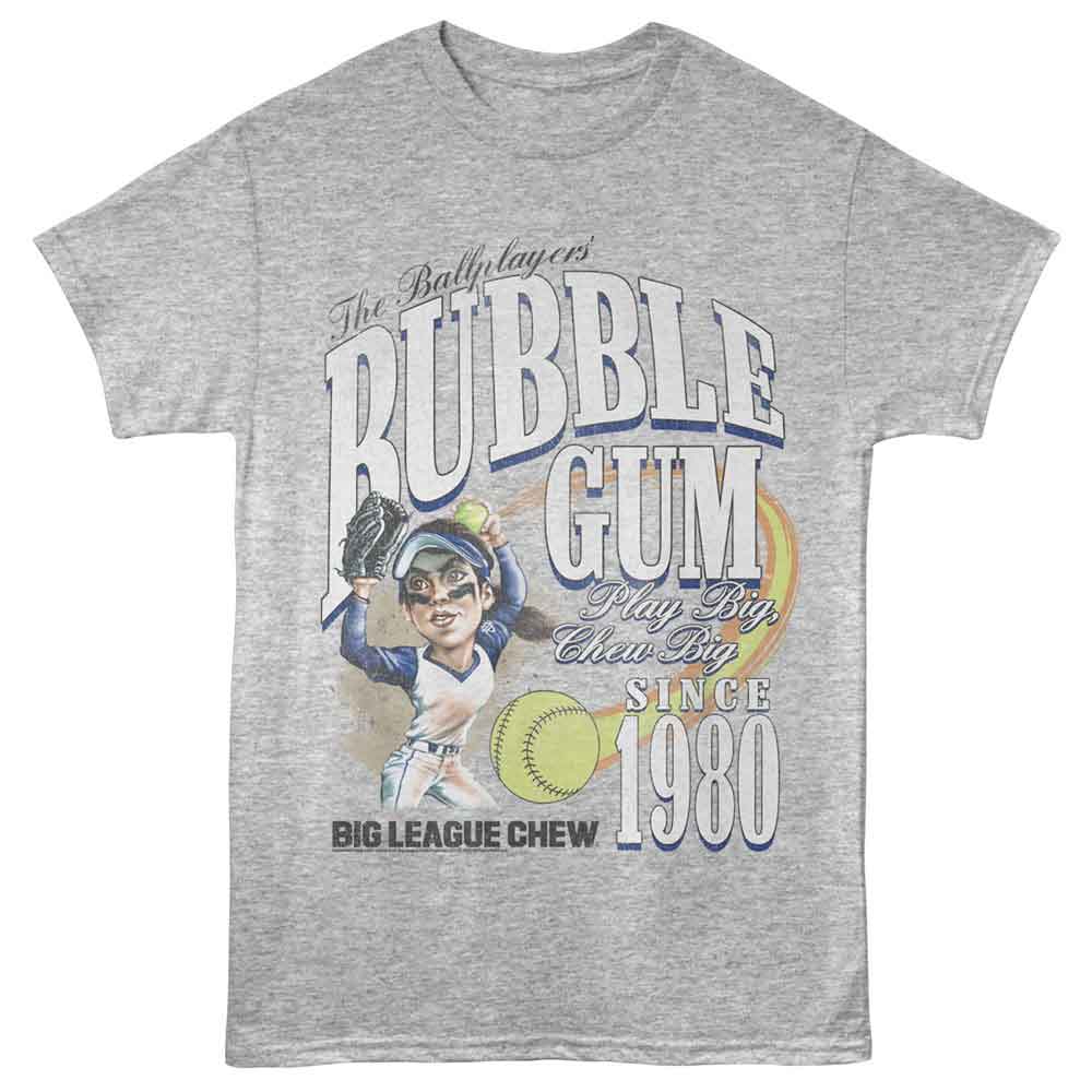 Gray heather Big League Chew t-shirt featuring Big League Chew Flying Softball design