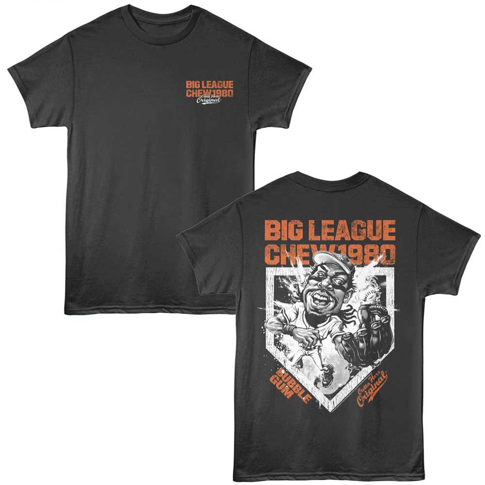 Smoke gray Big League Chew t-shirt featuring Big League Chew Base Catch front and back design