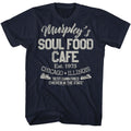 Navy The Blues Brothers t-shirt featuring The Blues Brothers Soul Food Cafe diner scene design