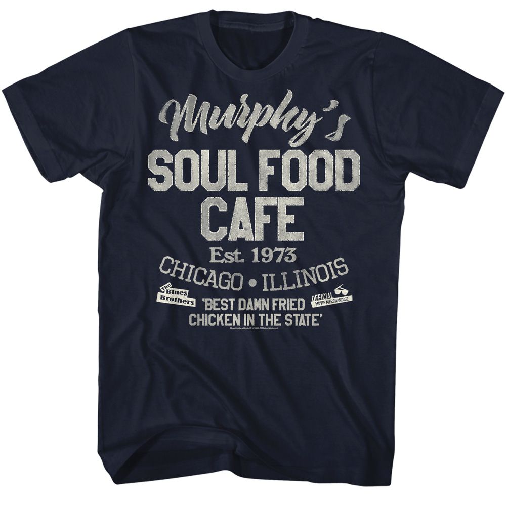 Navy The Blues Brothers t-shirt featuring The Blues Brothers Soul Food Cafe diner scene design