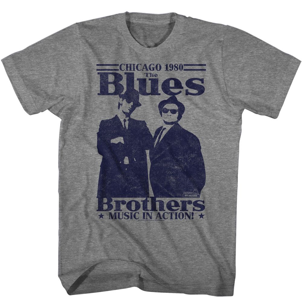 Graphite heather The Blues Brothers t-shirt featuring The Blues Brothers Music In Action band design