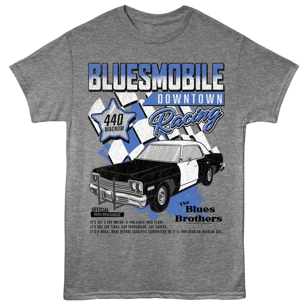 Graphite heather The Blues Brothers t-shirt featuring The Blues Brothers Bluesmobile 1974 Dodge Monaco design