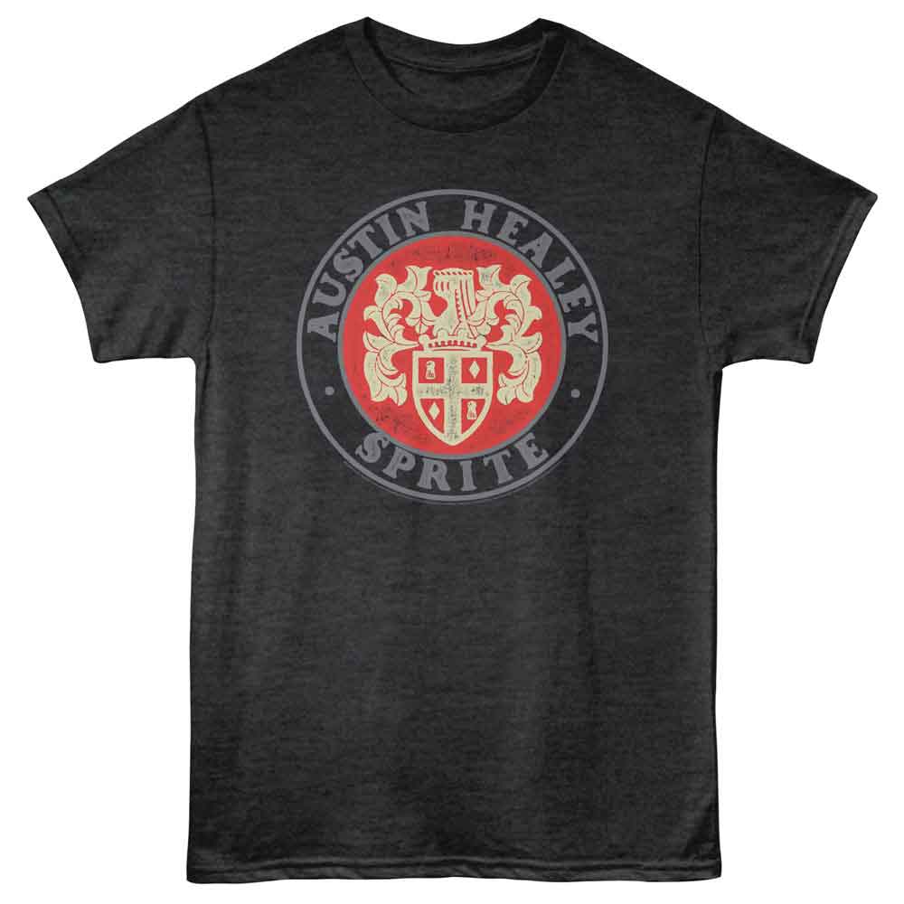 Black heather British Motor Heritage t-shirt featuring British Motor Heritage Austin Healey Sprite crest design
