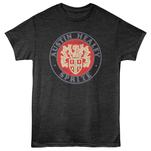 Black heather British Motor Heritage t-shirt featuring British Motor Heritage Austin Healey Sprite crest design