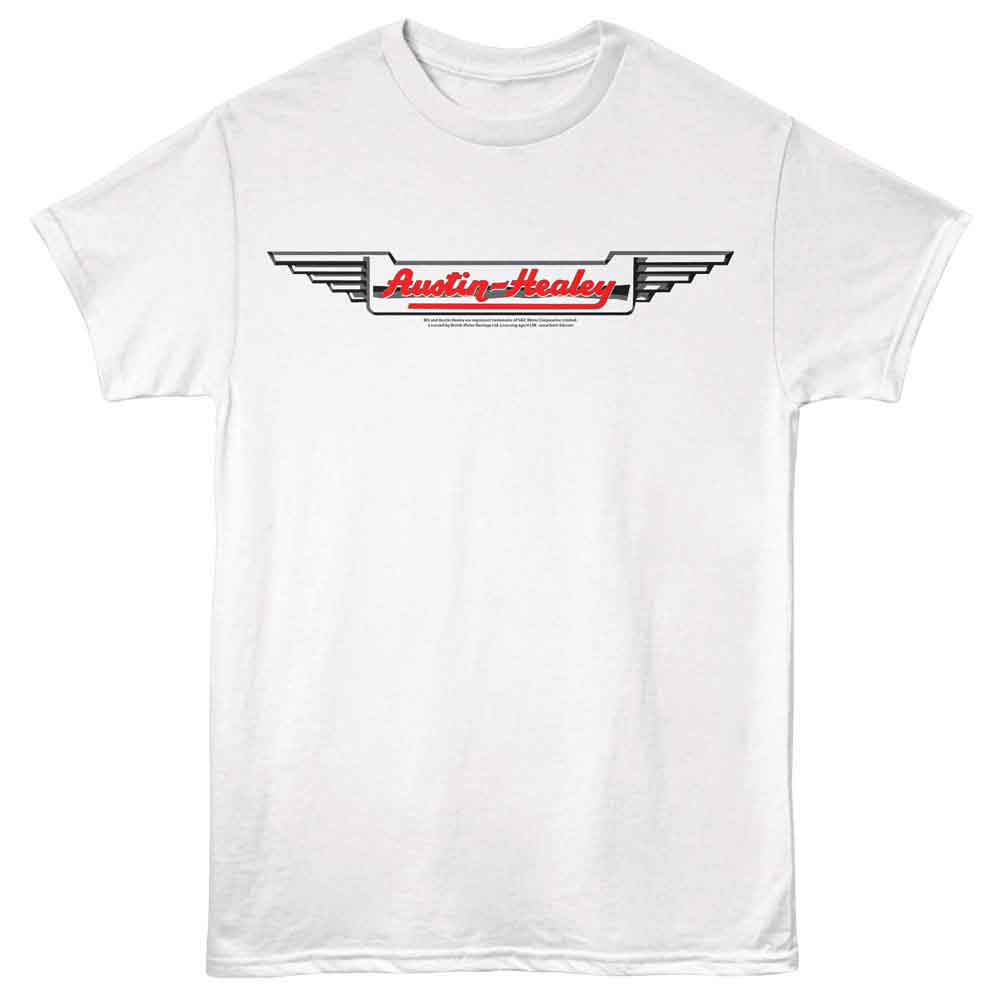 White British Motor Heritage t-shirt featuring British Motor Heritage Austin Healey Wings logo design