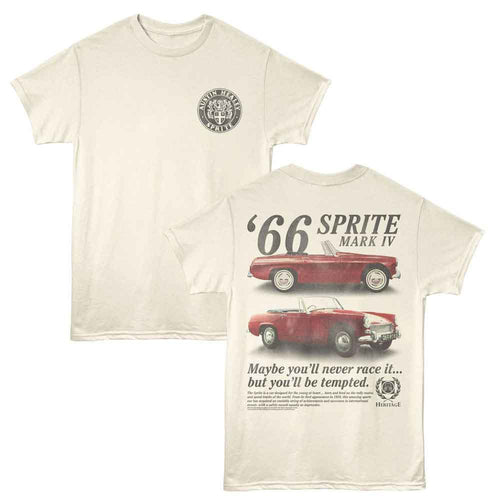 Natural British Motor Heritage t-shirt featuring British Motor Heritage 66 Sprite Mark IV front and back design