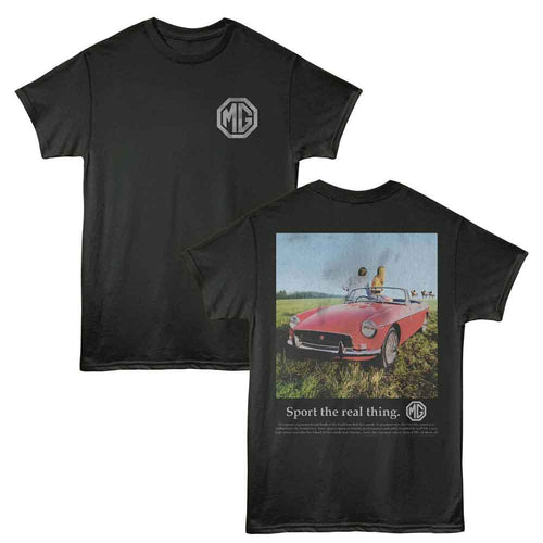 Smoke gray British Motor Heritage t-shirt featuring British Motor Heritage Sport The Real Thing front and back design
