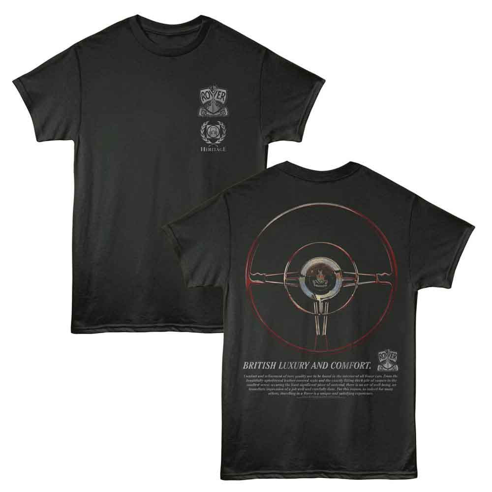 Smoke gray British Motor Heritage t-shirt featuring British Motor Heritage Rover Wheel front and back design