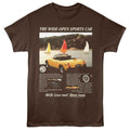Dark chocolate brown British Motor Heritage t-shirt featuring British Motor Heritage Less Roof More Road convertible design