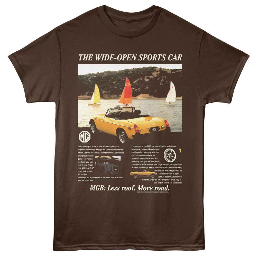 Dark chocolate brown British Motor Heritage t-shirt featuring British Motor Heritage Less Roof More Road convertible design
