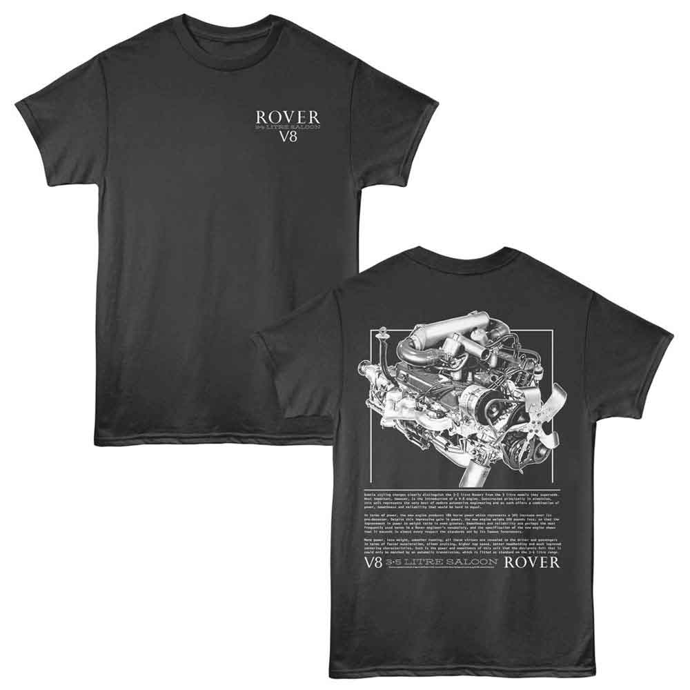 Smoke gray British Motor Heritage t-shirt featuring British Motor Heritage Rover V8 engine design