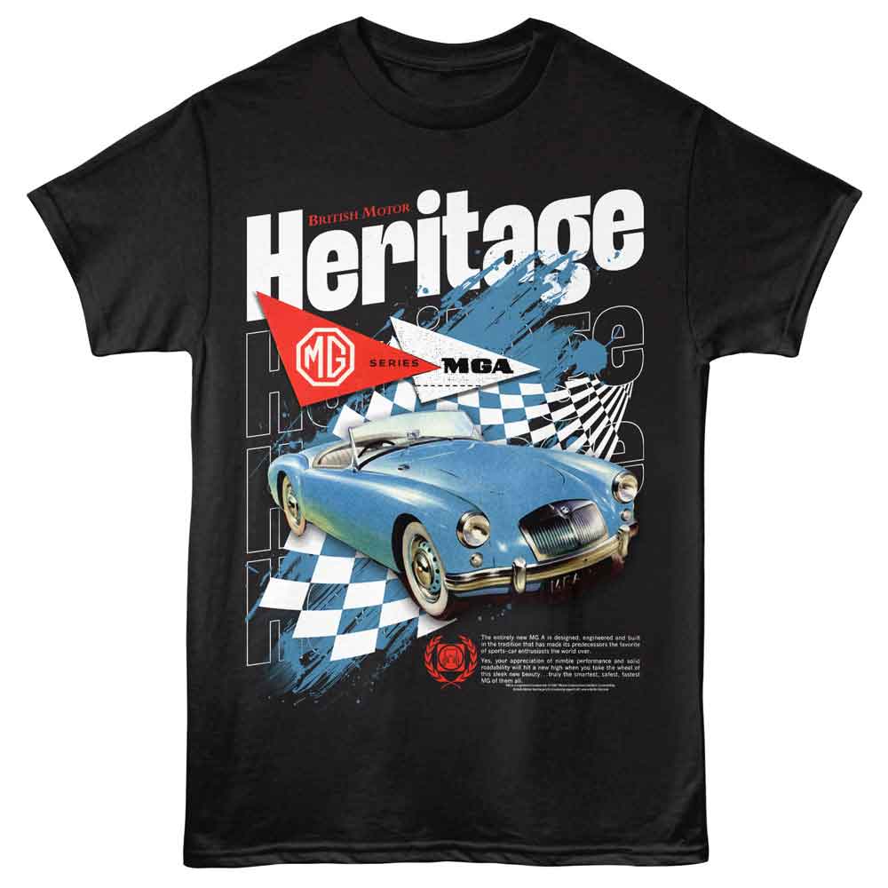 Black British Motor Heritage t-shirt featuring British Motor Heritage MG MGA sports car design