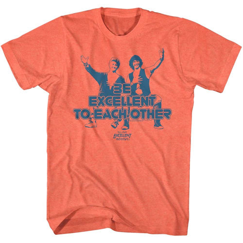 Bright orange heather Bill & Ted's Excellent Adventure t-shirt featuring Bill and Ted Excellent catchphrase design