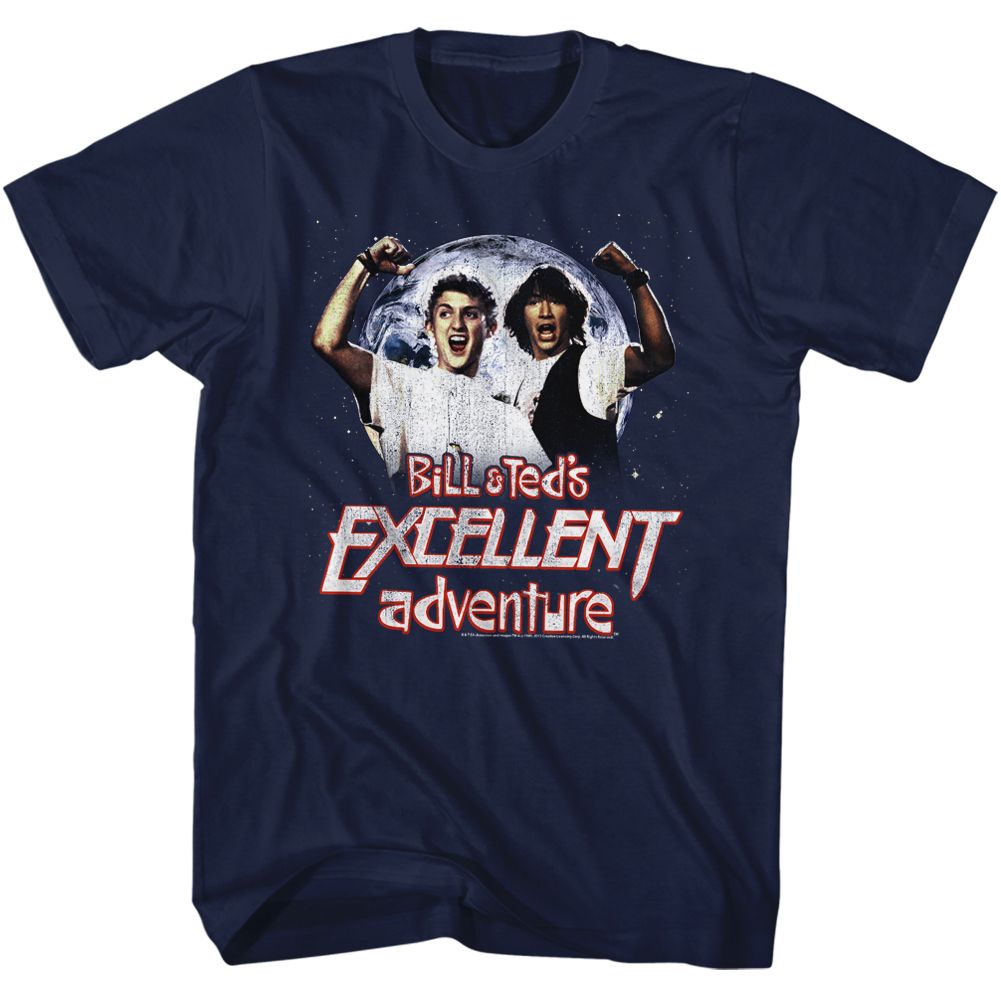 Navy Bill & Ted's Excellent Adventure t-shirt featuring Bill and Ted Excellent catchphrase design