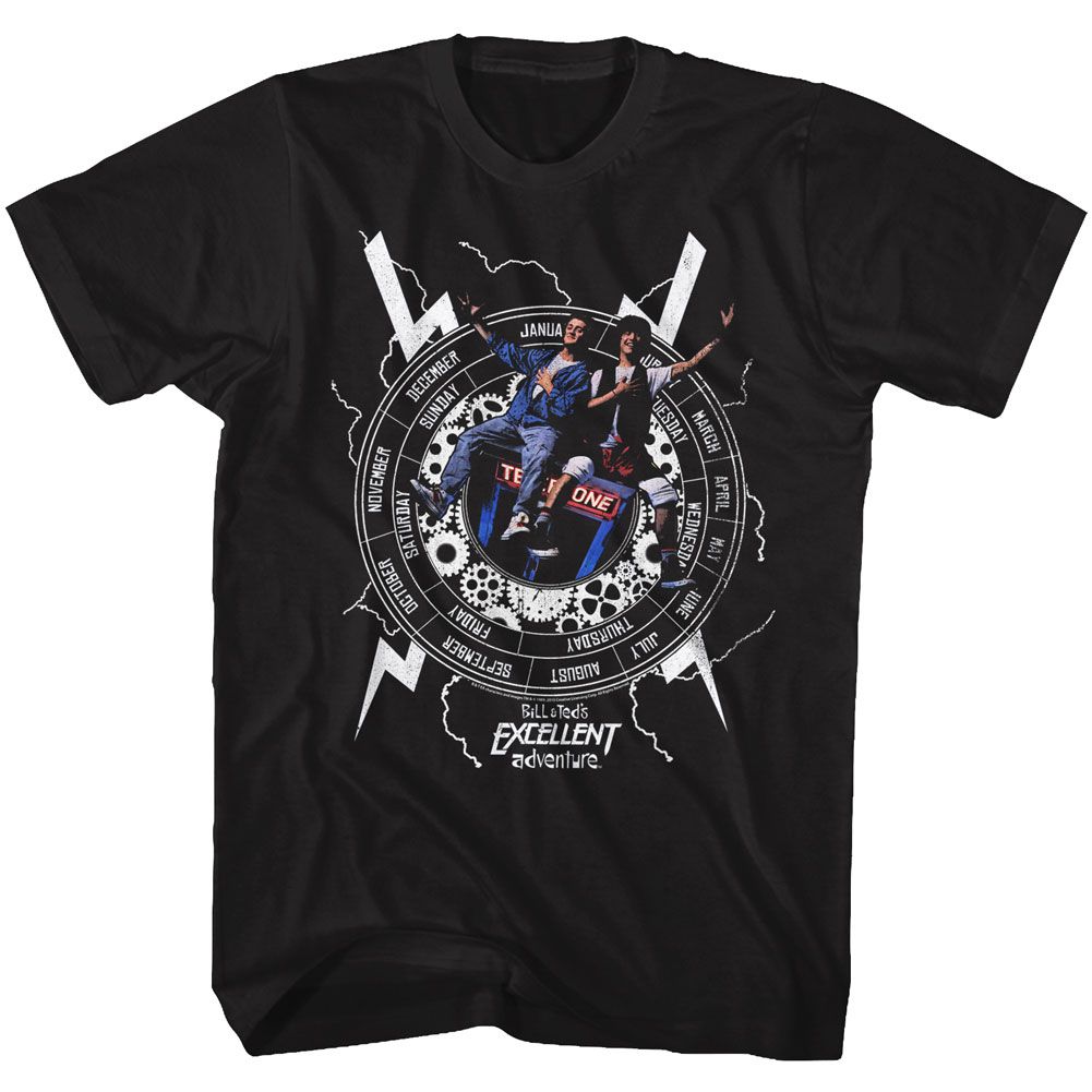 Black Bill & Ted's Excellent Adventure t-shirt featuring Bill and Ted Back To Time phone booth design