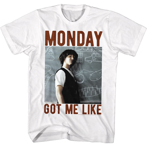 White Bill & Ted's Excellent Adventure t-shirt featuring Bill and Ted Monday Got Me Like meme design