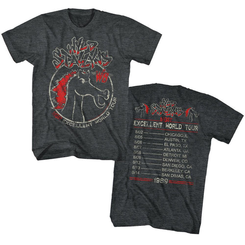 Black heather Bill & Ted's Excellent Adventure t-shirt featuring Bill and Ted Most Excellent Tour Wyld Stallyns front and ...