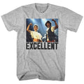 Gray heather Bill & Ted's Excellent Adventure t-shirt featuring Bill and Ted Excellent catchphrase design