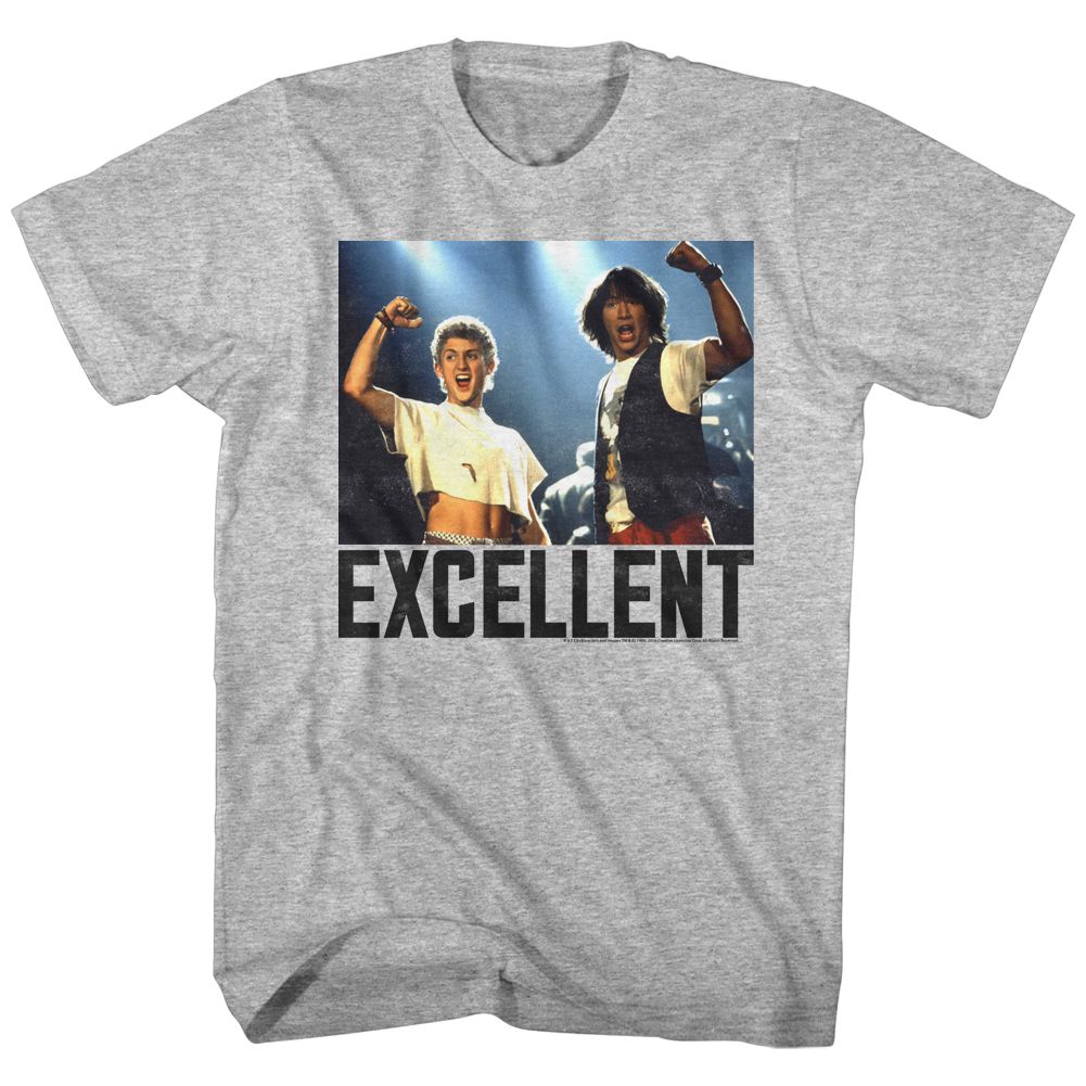 Gray heather Bill & Ted's Excellent Adventure t-shirt featuring Bill and Ted Excellent catchphrase design
