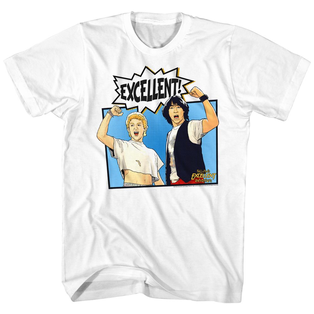 White Bill & Ted's Excellent Adventure t-shirt featuring Bill and Ted Comic illustration design