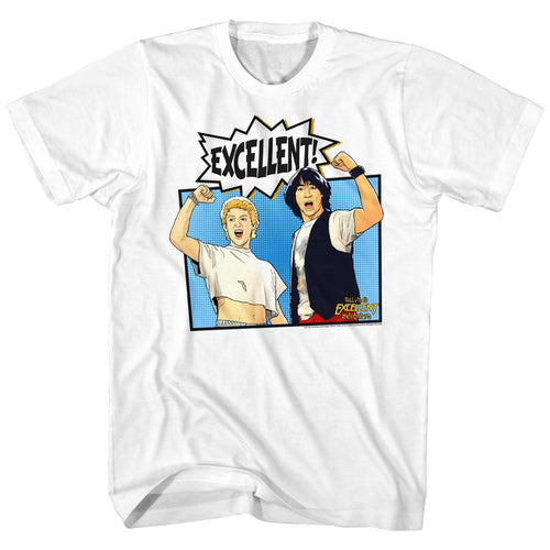 White Bill & Ted's Excellent Adventure t-shirt featuring Bill and Ted Comic illustration design