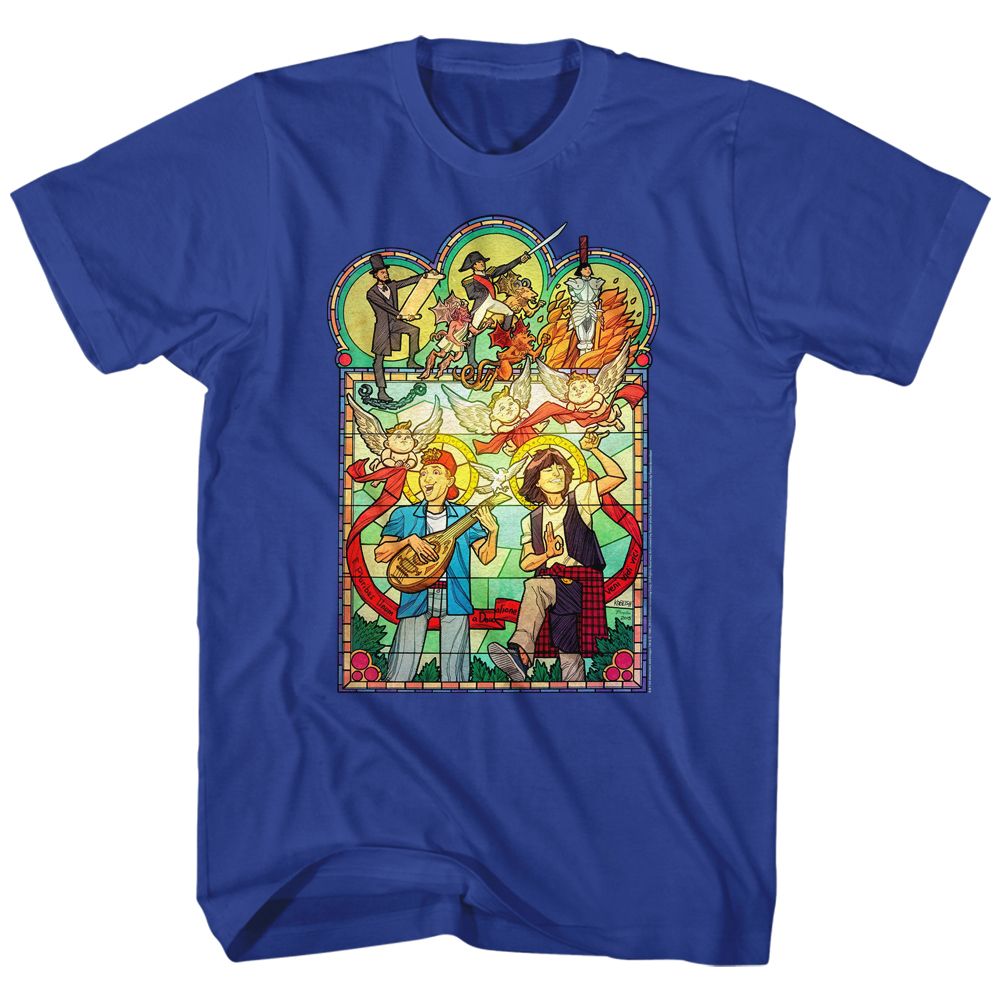Royal blue Bill & Ted's Excellent Adventure t-shirt featuring Bill and Ted Stained Glass design