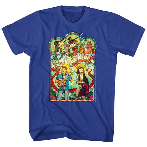 Royal blue Bill & Ted's Excellent Adventure t-shirt featuring Bill and Ted Stained Glass design