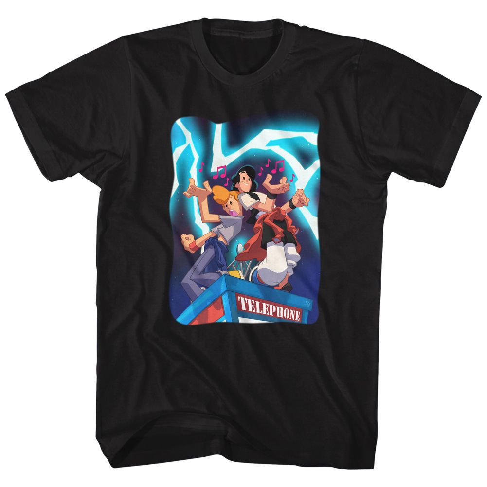 Black Bill & Ted's Excellent Adventure t-shirt featuring Bill and Ted Telephone Tunes phone booth design