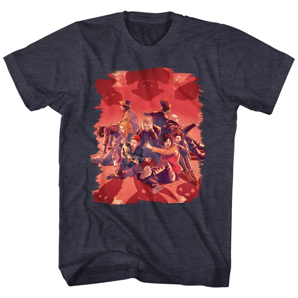 Navy heather Bill & Ted's Excellent Adventure t-shirt featuring Bill & Ted Shadows comedy design