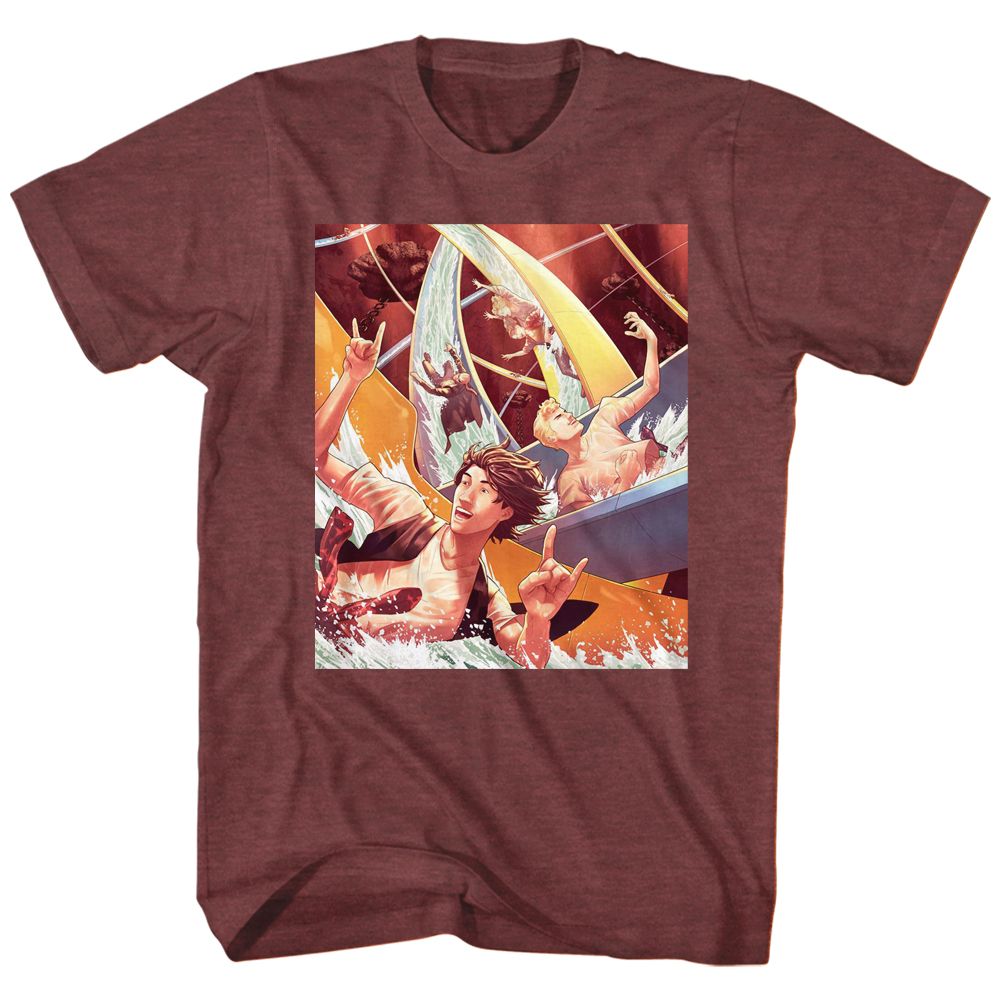 Vintage maroon heather Bill & Ted's Excellent Adventure t-shirt featuring Bill & Ted Water Slide comedy design