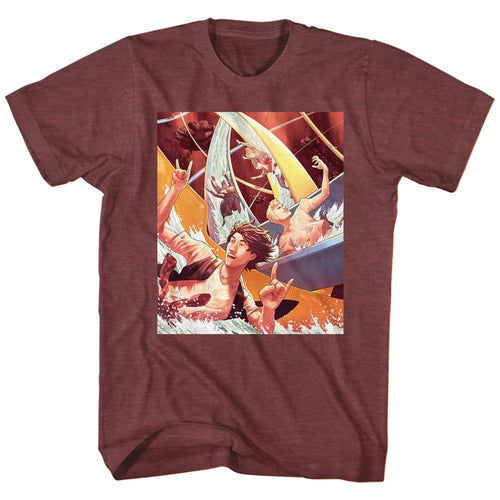 Vintage maroon heather Bill & Ted's Excellent Adventure t-shirt featuring Bill & Ted Water Slide comedy design