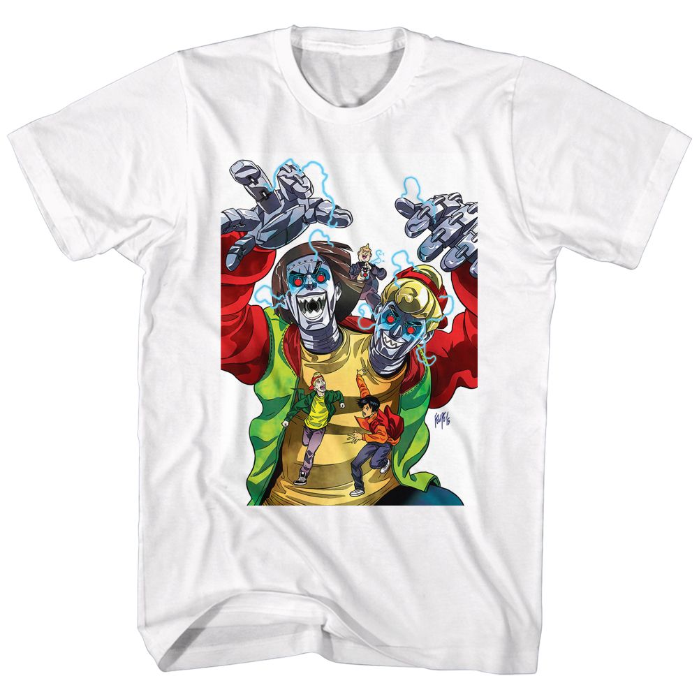 White Bill & Ted's Excellent Adventure t-shirt featuring Bill and Ted Robot Dudes Bogus Journey design
