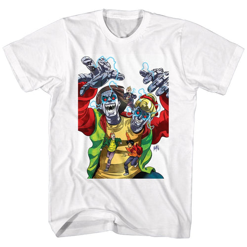 White Bill & Ted's Excellent Adventure t-shirt featuring Bill and Ted Robot Dudes Bogus Journey design