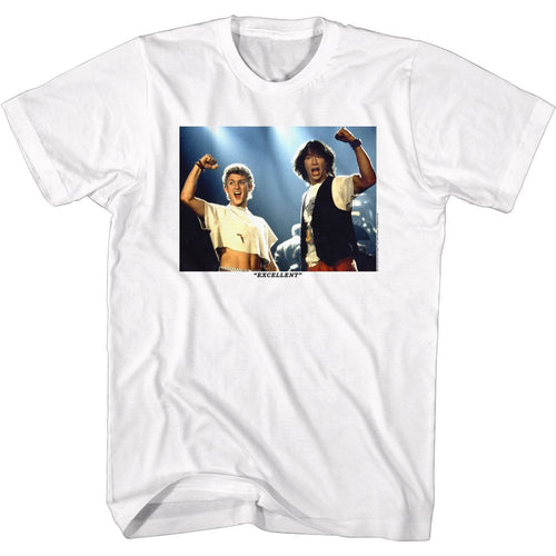 White Bill & Ted's Excellent Adventure t-shirt featuring Bill and Ted Excellent Fists Up celebration design